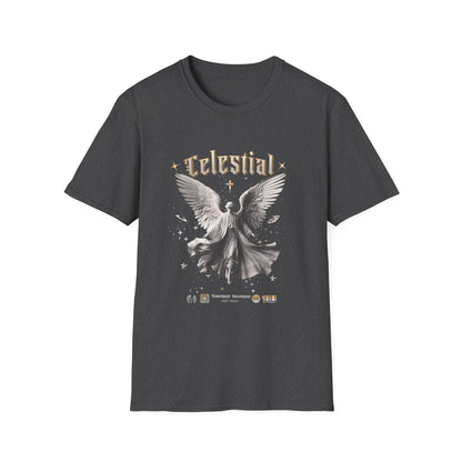 Heather t-shirt with angel graphic and 'Celestial' text on a white background