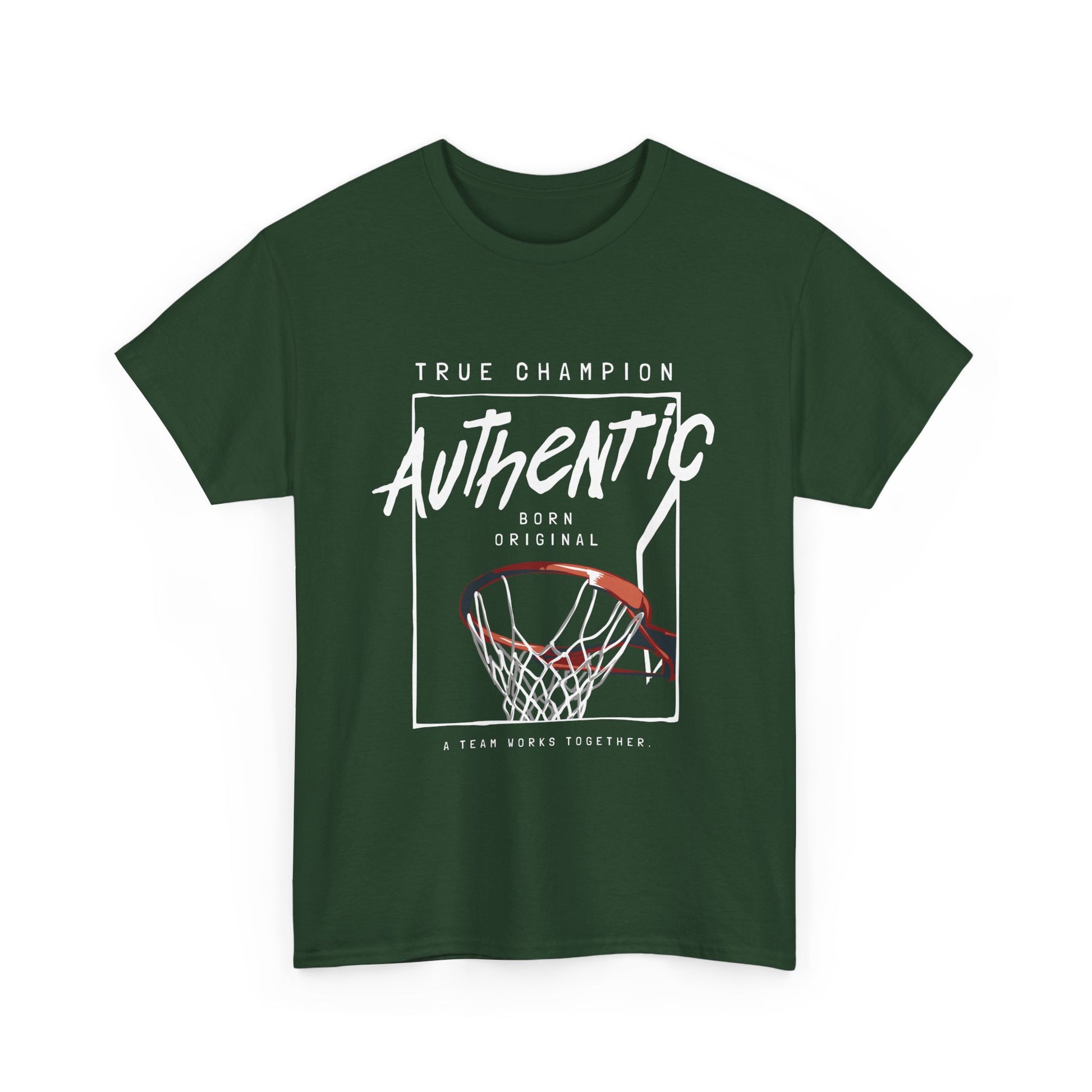 A hunter green t-shirt with a basketball-themed graphic design, including the text 'TRUE CHAMPION' and 'AUTHENTIC', along with an image of a basketball hoop.