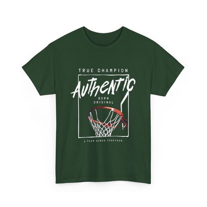 A hunter green t-shirt with a basketball-themed graphic design, including the text 'TRUE CHAMPION' and 'AUTHENTIC', along with an image of a basketball hoop.