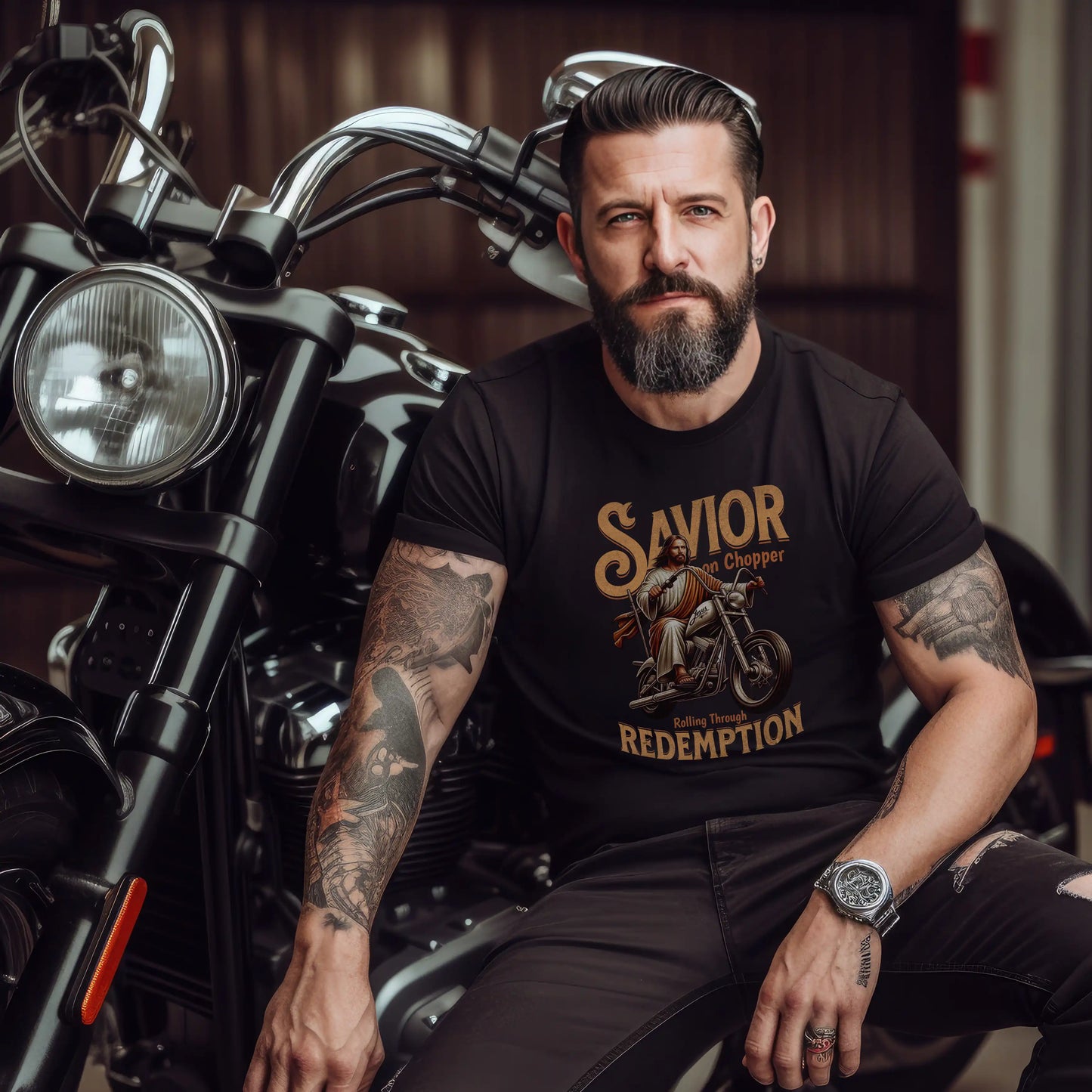 Man sitting on a motorcycle wearing a black t-shirt with a graphic design.