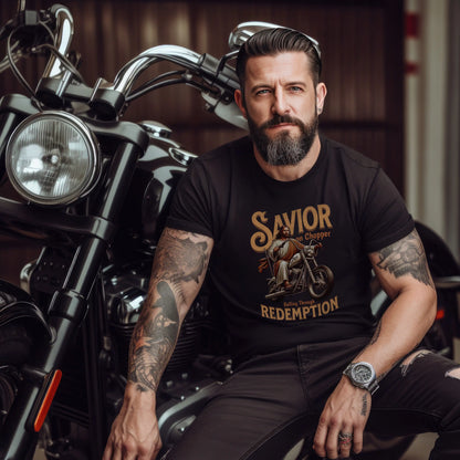 Man sitting on a motorcycle wearing a black t-shirt with a graphic design.