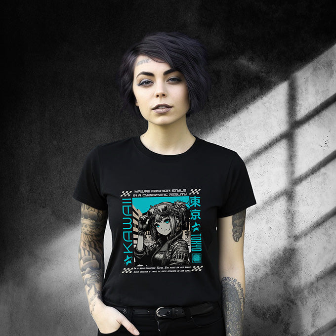 Person wearing a Black t-shirt with anime character graphic and text Kawaii Tokyo