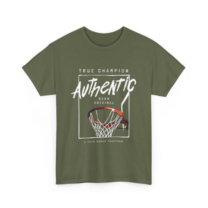 A khaki  green t-shirt with a basketball-themed graphic design, including the text 'TRUE CHAMPION' and 'AUTHENTIC', along with an image of a basketball hoop.