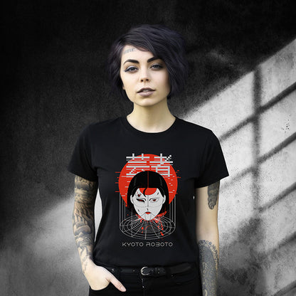 A young woman wearing a black t-shirt with a graphic design of a Japanese cyber woman against a red sun with text "Kyoto Roboto".