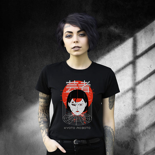 A young woman wearing a black t-shirt with a graphic design of a Japanese cyber woman against a red sun with text "Kyoto Roboto".