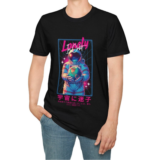 Black t-shirt with a colorful graphic of an astronaut holding the Earth and text on a white background