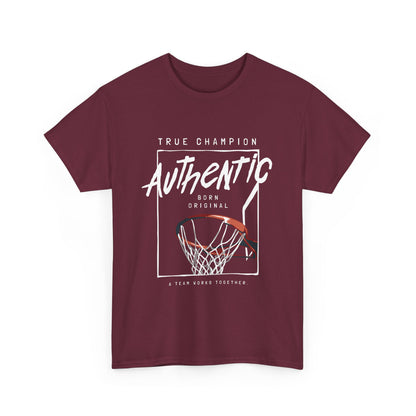 A maroon t-shirt with a basketball-themed graphic design, including the text 'TRUE CHAMPION' and 'AUTHENTIC', along with an image of a basketball hoop.