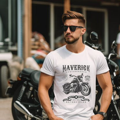 Man wearing a white t-shirt with a motorcycle graphic and 'Maverick Customworks' text, standing in front of motorcycles.