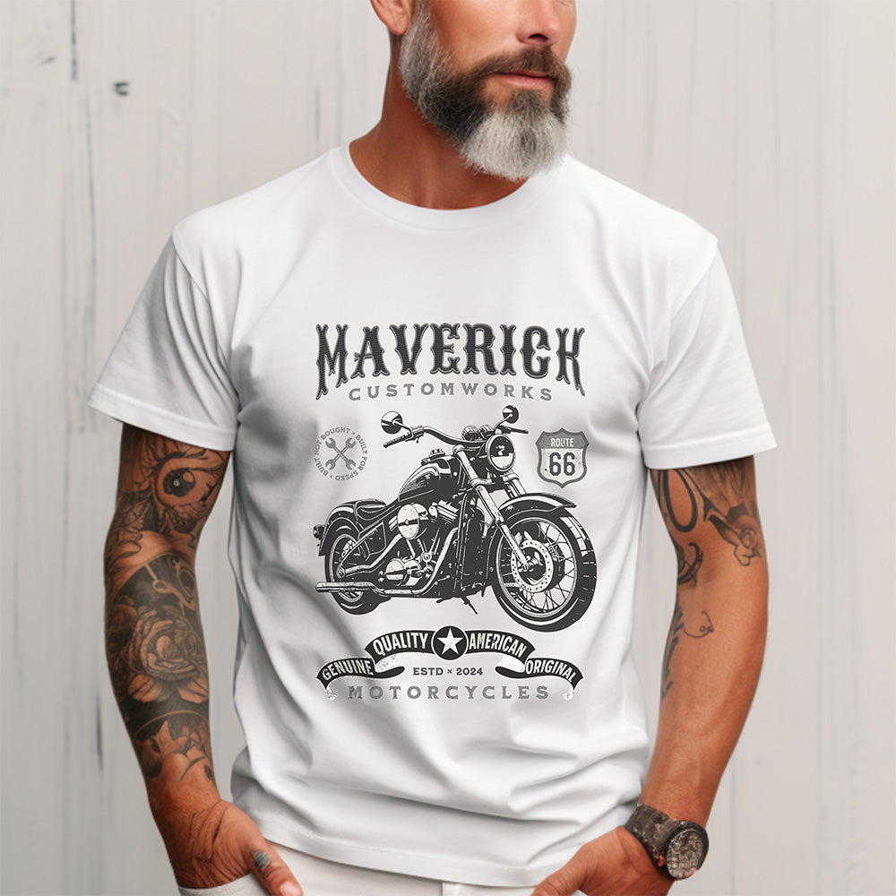 Man wearing a white t-shirt with a motorcycle graphic and text, standing against a light gray background.