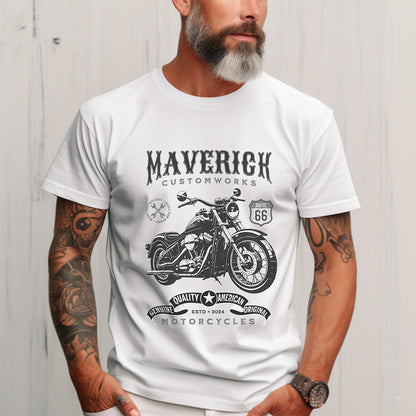 Man wearing a white t-shirt with a motorcycle graphic and text, standing against a light gray background.