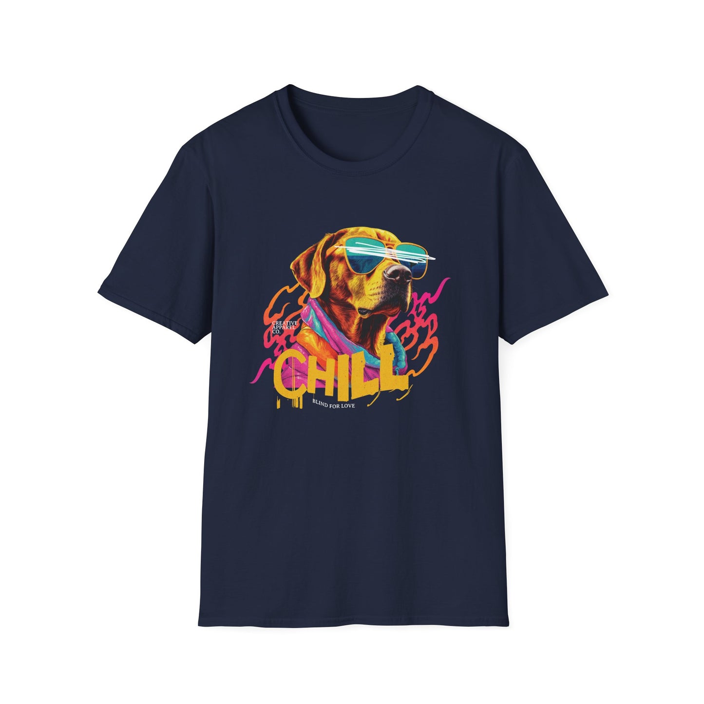Yellow lab dog wearing sunglasses on a navy blue short sleeve t-shirt that says "Chill"