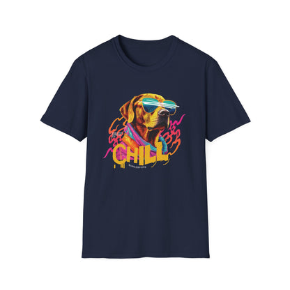 Yellow lab dog wearing sunglasses on a navy blue short sleeve t-shirt that says "Chill"