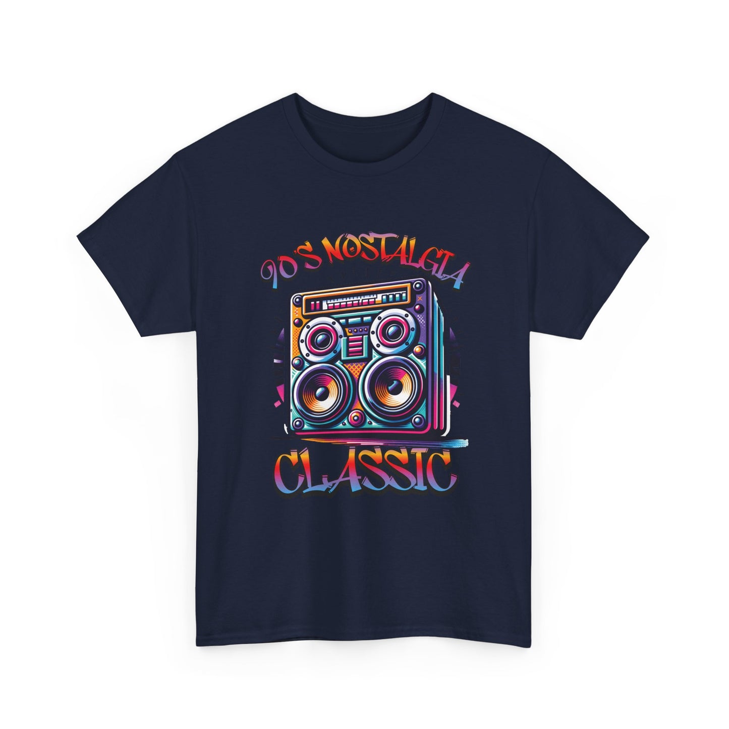 Image of a 90's Classic Boom box on a navy blue t-shirt.