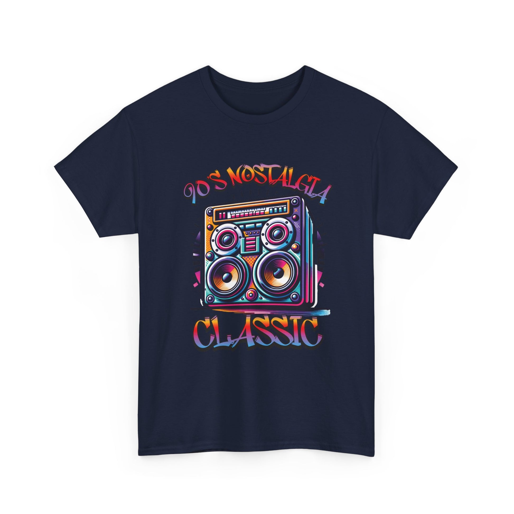 Image of a 90's Classic Boom box on a navy blue t-shirt.