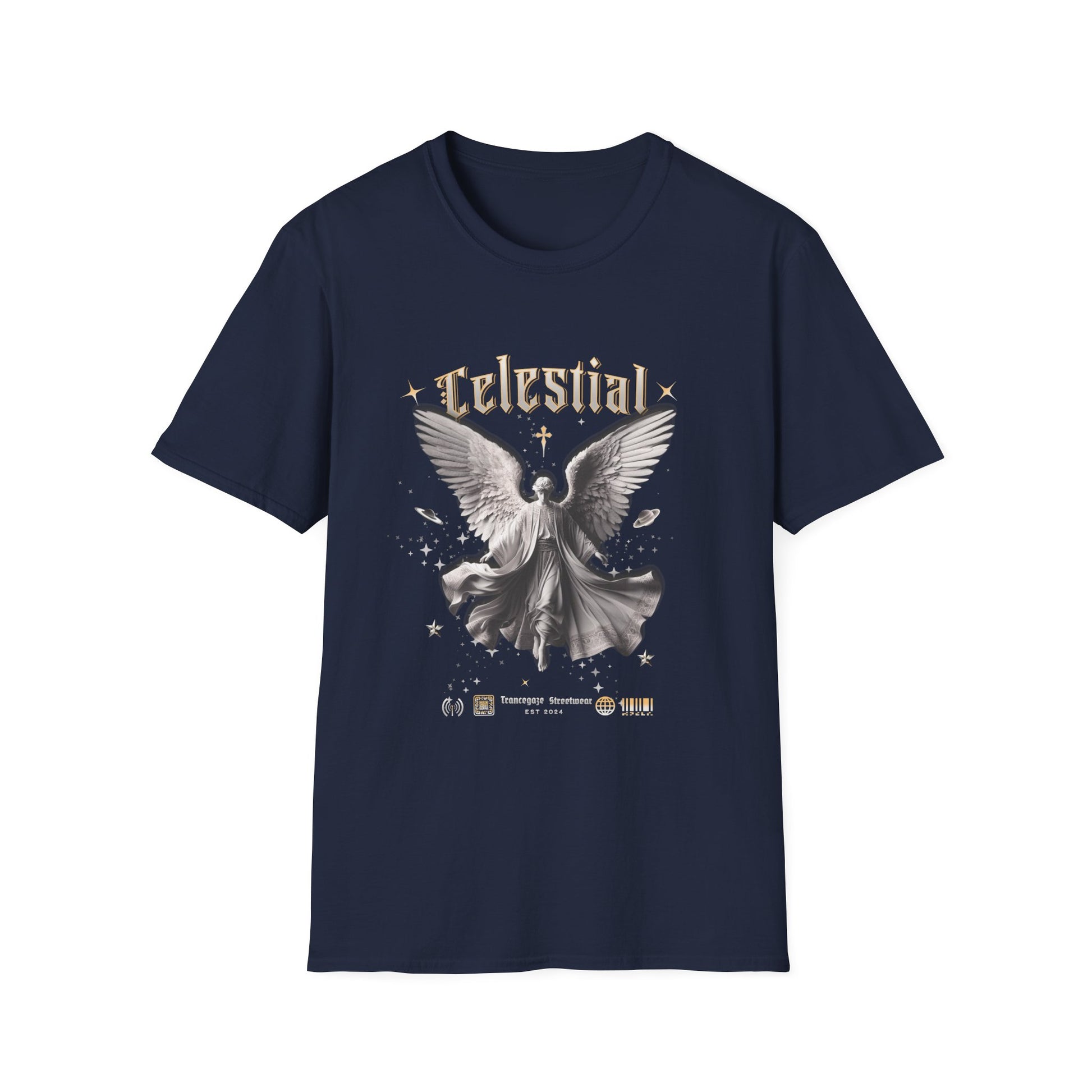 Navy blue t-shirt with angel graphic and 'Celestial' text on a white background