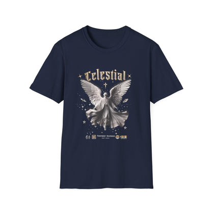 Navy blue t-shirt with angel graphic and 'Celestial' text on a white background