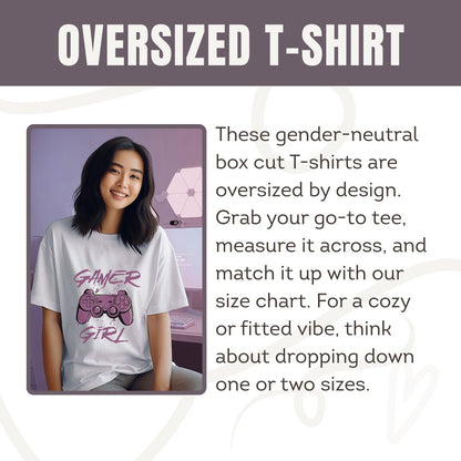 Person wearing an oversized t-shirt with text about gender-neutral box cut t-shirts.