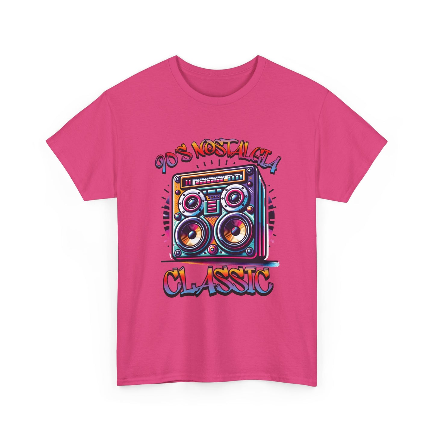 Image of a 90's Classic Boom box on a pink  t-shirt.