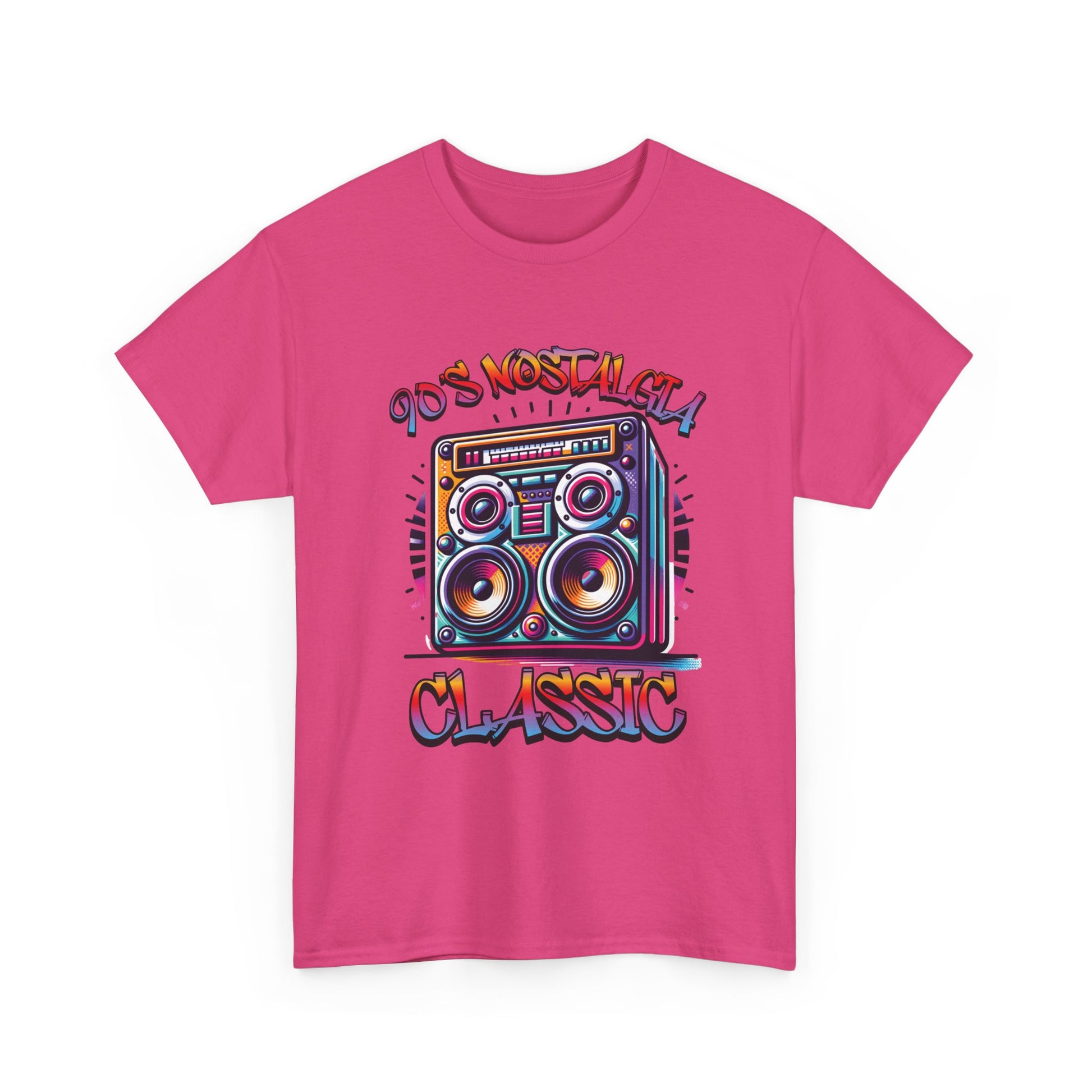 Image of a 90's Classic Boom box on a pink  t-shirt.