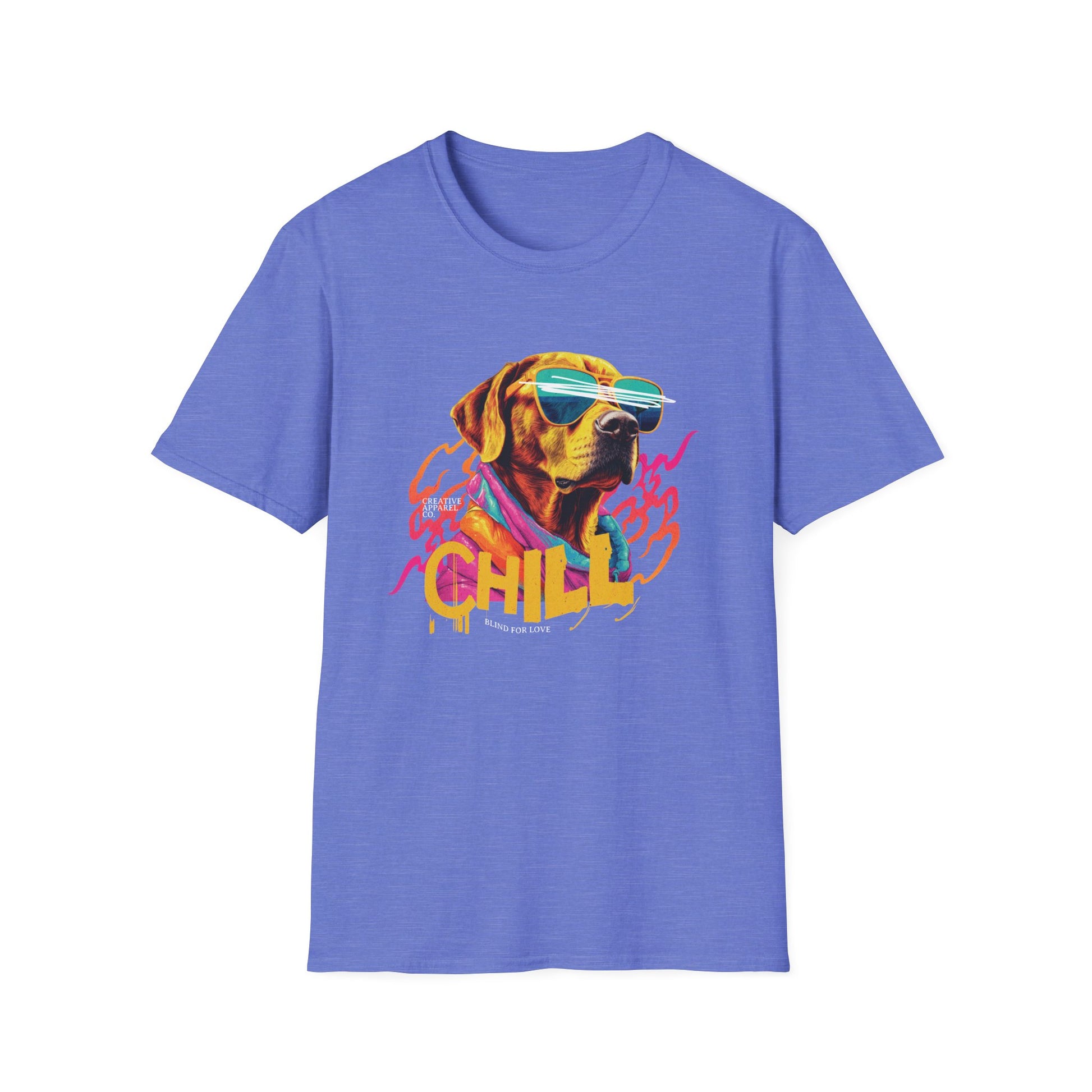 Yellow lab dog wearing sunglasses on a purple short sleeve t-shirt that says "Chill"