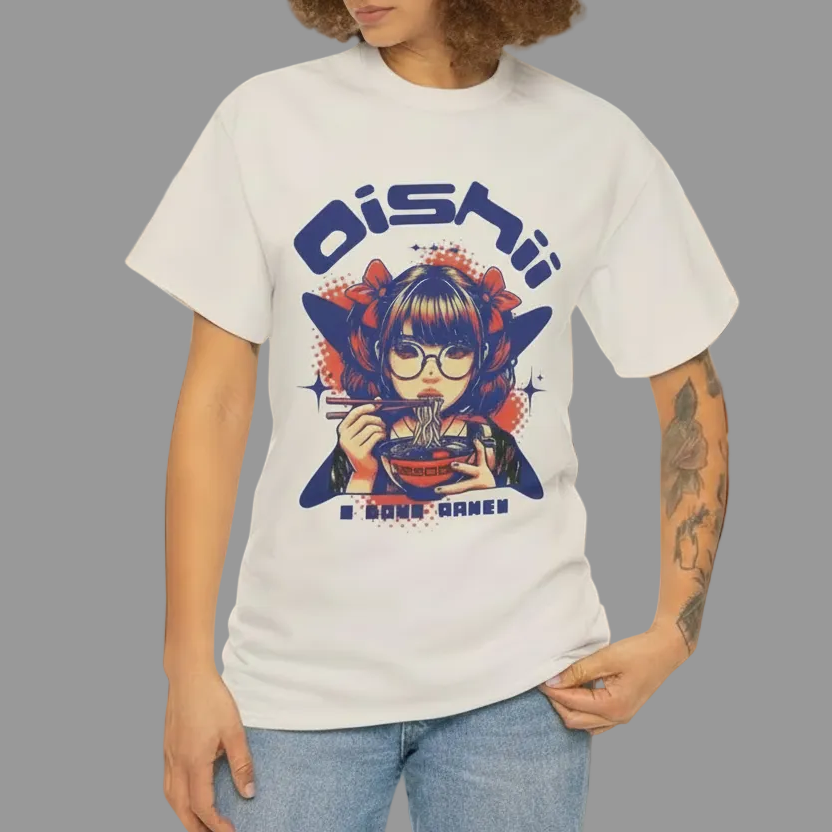 Person wearing an ice gray t-shirt with a graphic design and text on a gray background