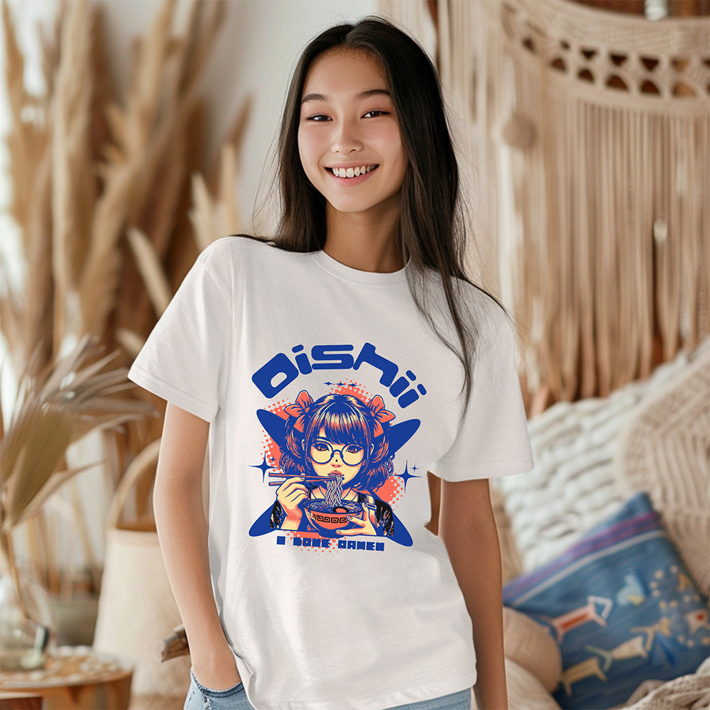 Person wearing a white t-shirt with a colorful graphic design in a casual setting