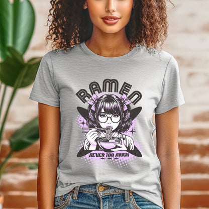 A woman wearing an Ash gray graphic t-shirt with anime-style character and the text 'RAMEN -NEVER TOO MUCH'.
