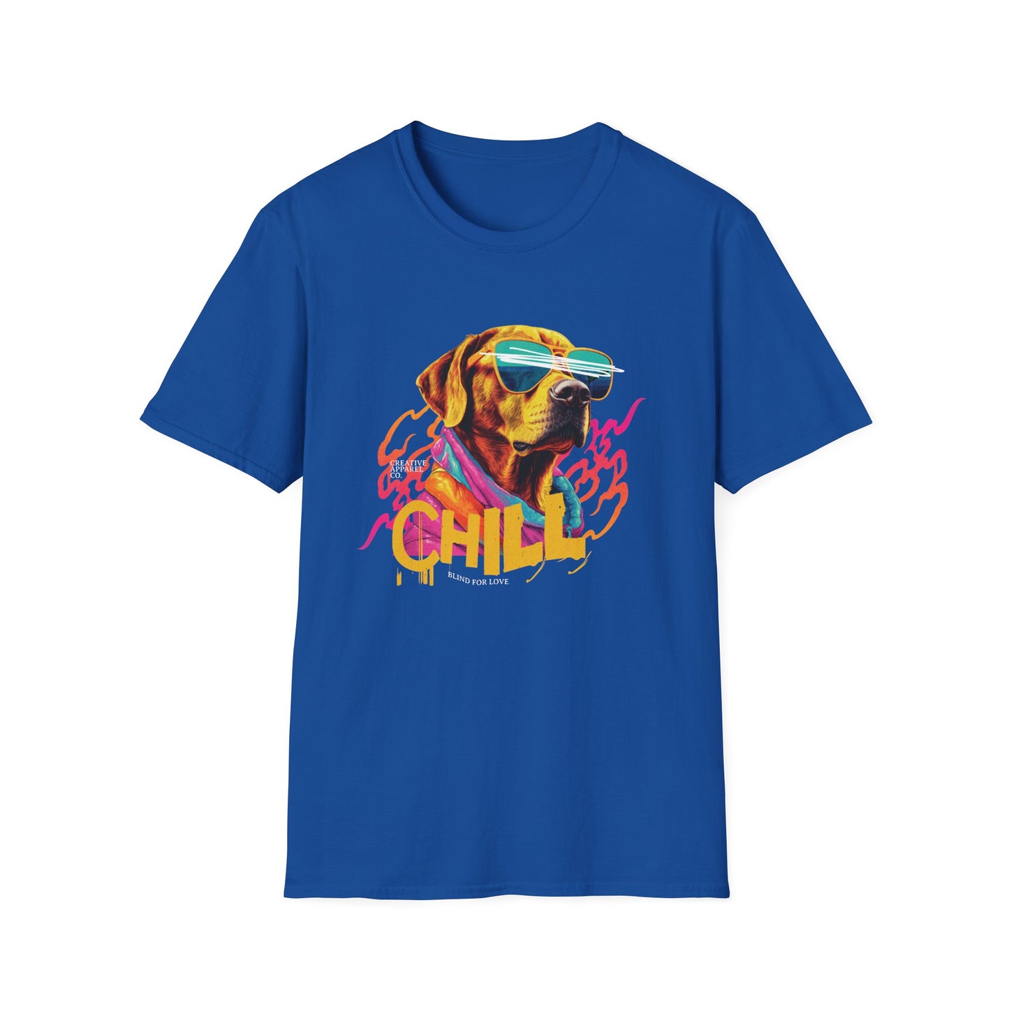 Yellow lab dog wearing sunglasses on a royal blue t-shirt that says "Chill"