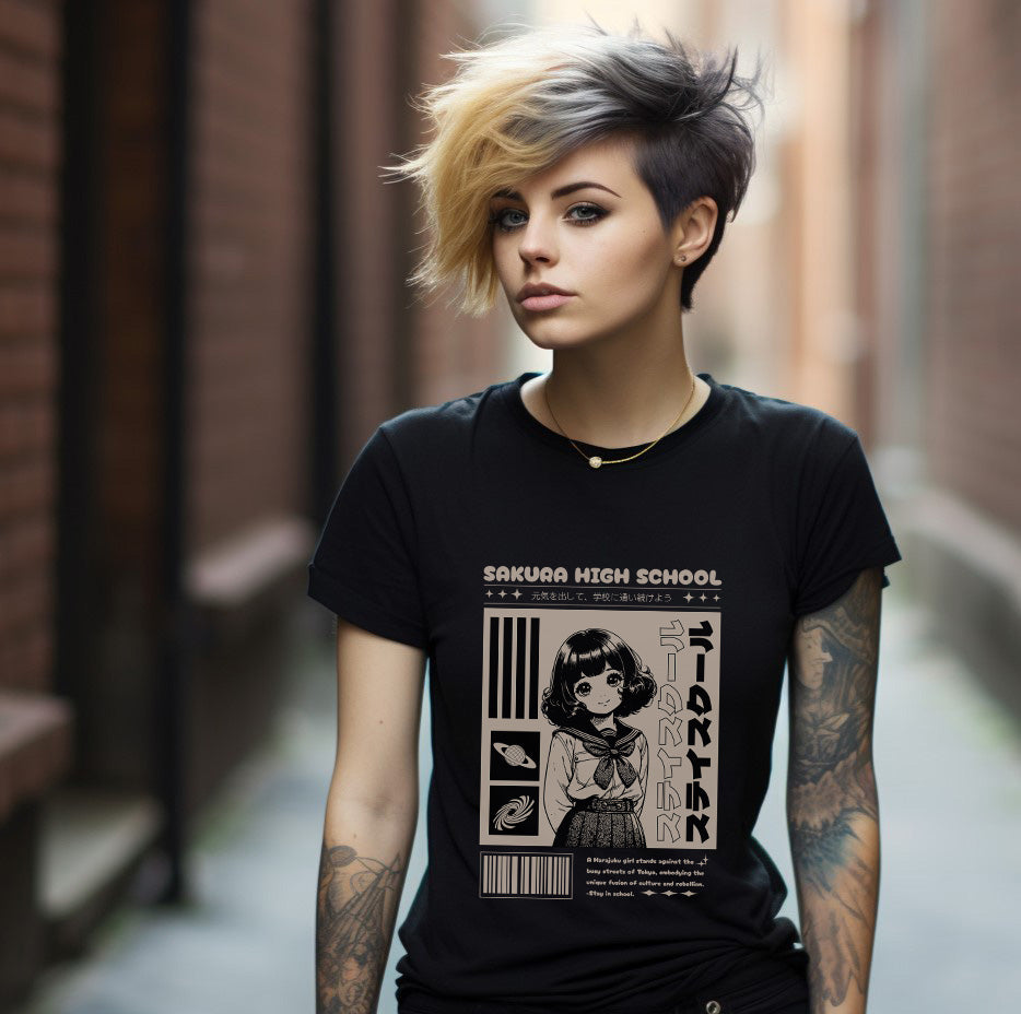 Person wearing a black t-shirt with a graphic design in an urban setting