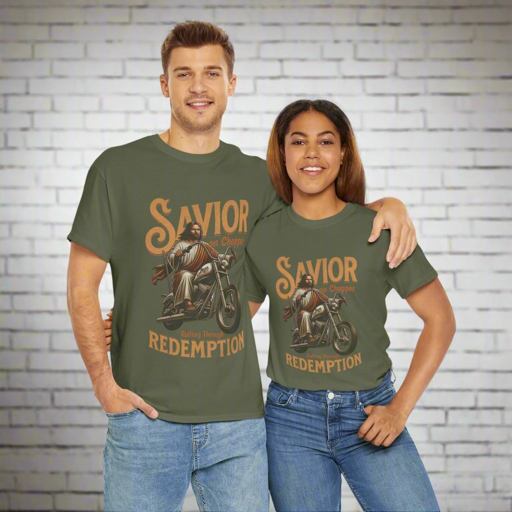 Savior Jesus on chopper motorcycle t shirt green