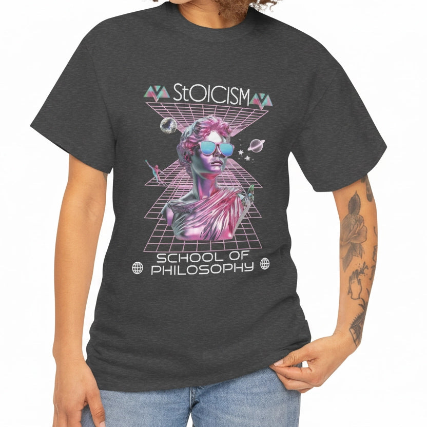 A person wearing a heather grey t-shirt  with a graphic design featuring a pink metallic bust in a futuristic, celestial scene  with the text 'Stoicism School of Philosophy' .
