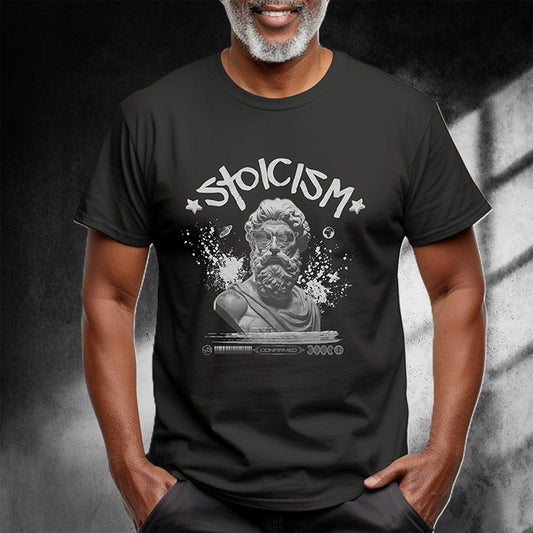 A man wearing a black t-shirt with a Greek style bust with celestial elements and the text "Stoicism" .