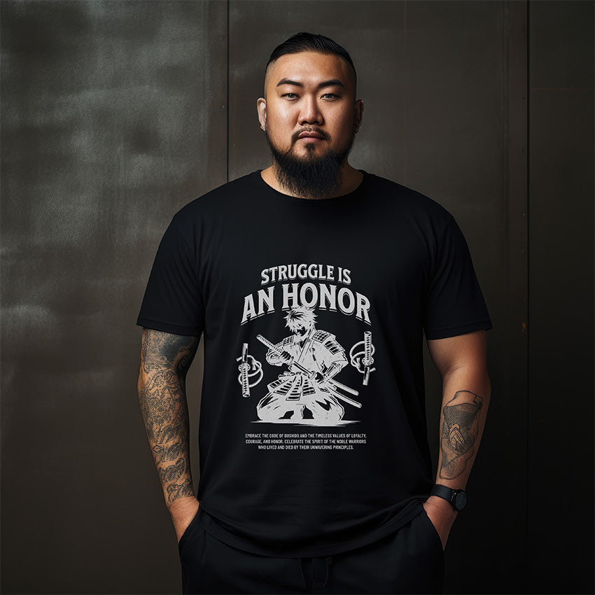Man wearing a black t-shirt with a samurai graphic design and text against a dark background