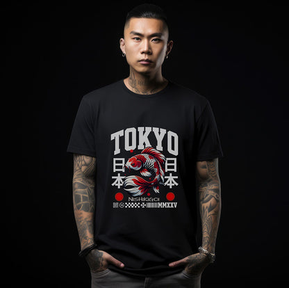 Man wearing a black streetwear t-shirt featuring a central graphic of a detailed koi fish, with 'TOKYO' in bold white block lettering above and Japanese kanji characters for 'Japan' on either side. Small technical typography and a barcode design are printed at the bottom. 
