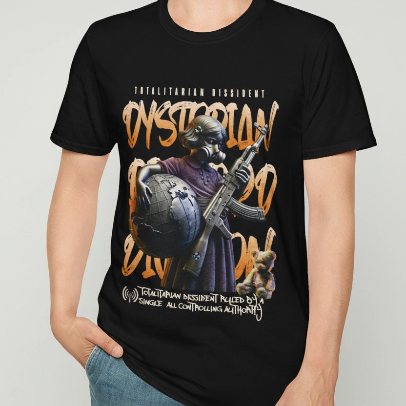 A person wearing a black  dystopian streetwear tee showing a tactical gas-masked figure against a fractured world map with "Dystopian" and "Totalitarian Dissident" typography in a gritty, industrial aesthetic.