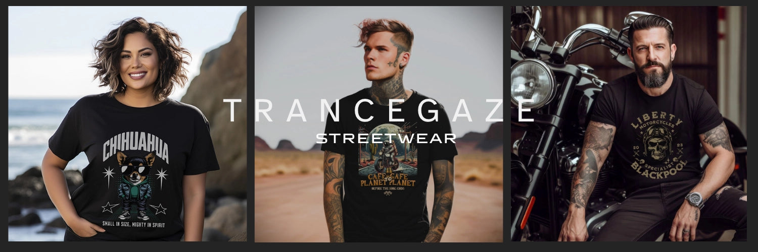 Three people wearing Trancegaze Streetwear t-shirts in various settings.