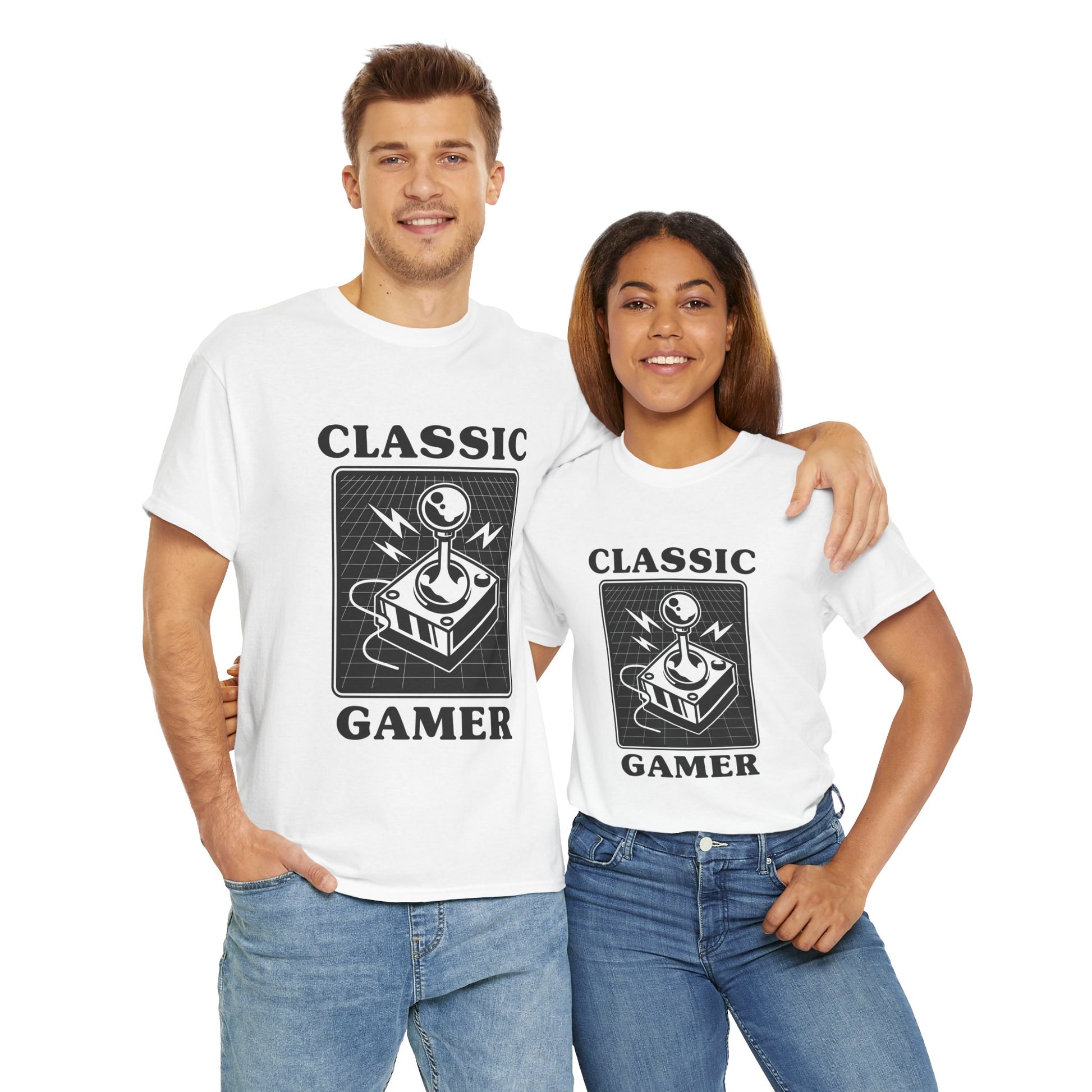 Joystick gaming shirt for men and women in white.