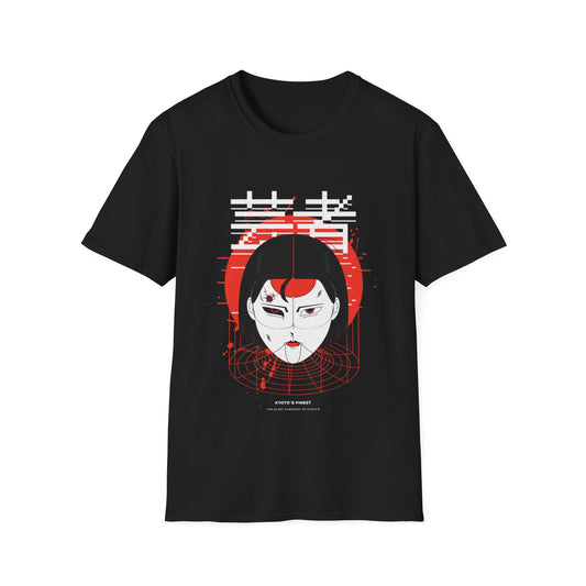 A black t-shirt featuring a graphic design with a kabuki mask, cybernetic and organic elements, and Japanese characters.