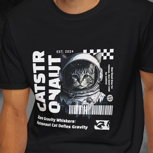 Black t-shirt with an astronaut cat graphic and text worn by a person.