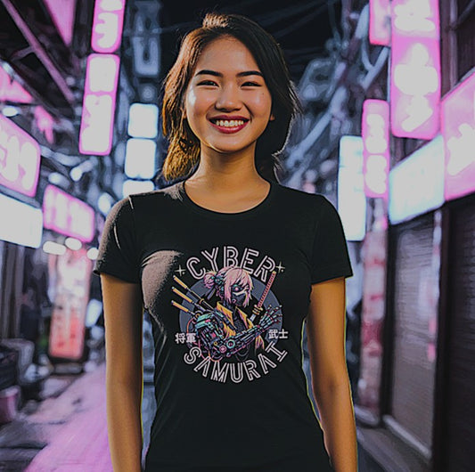 Person wearing a black t-shirt with 'Cyber Samurai' design in an urban, neon-lit setting.