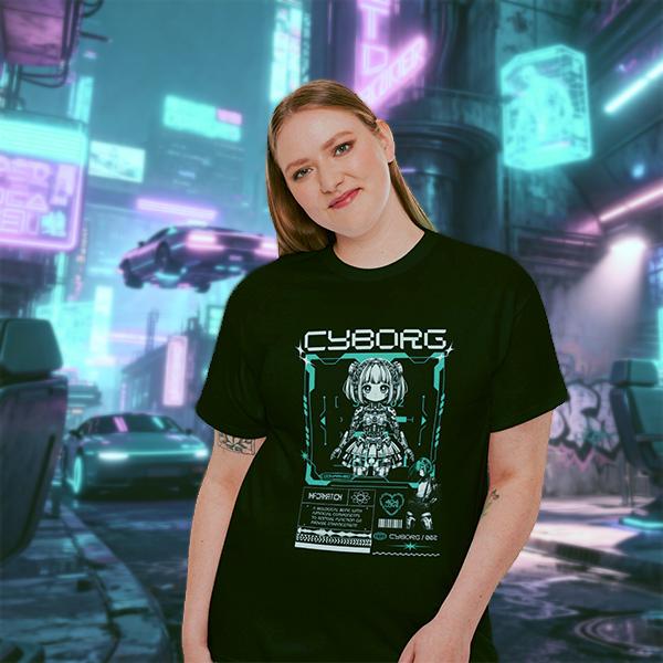 Person wearing a black t-shirt with 'CYBORG' design in a futuristic cityscape.