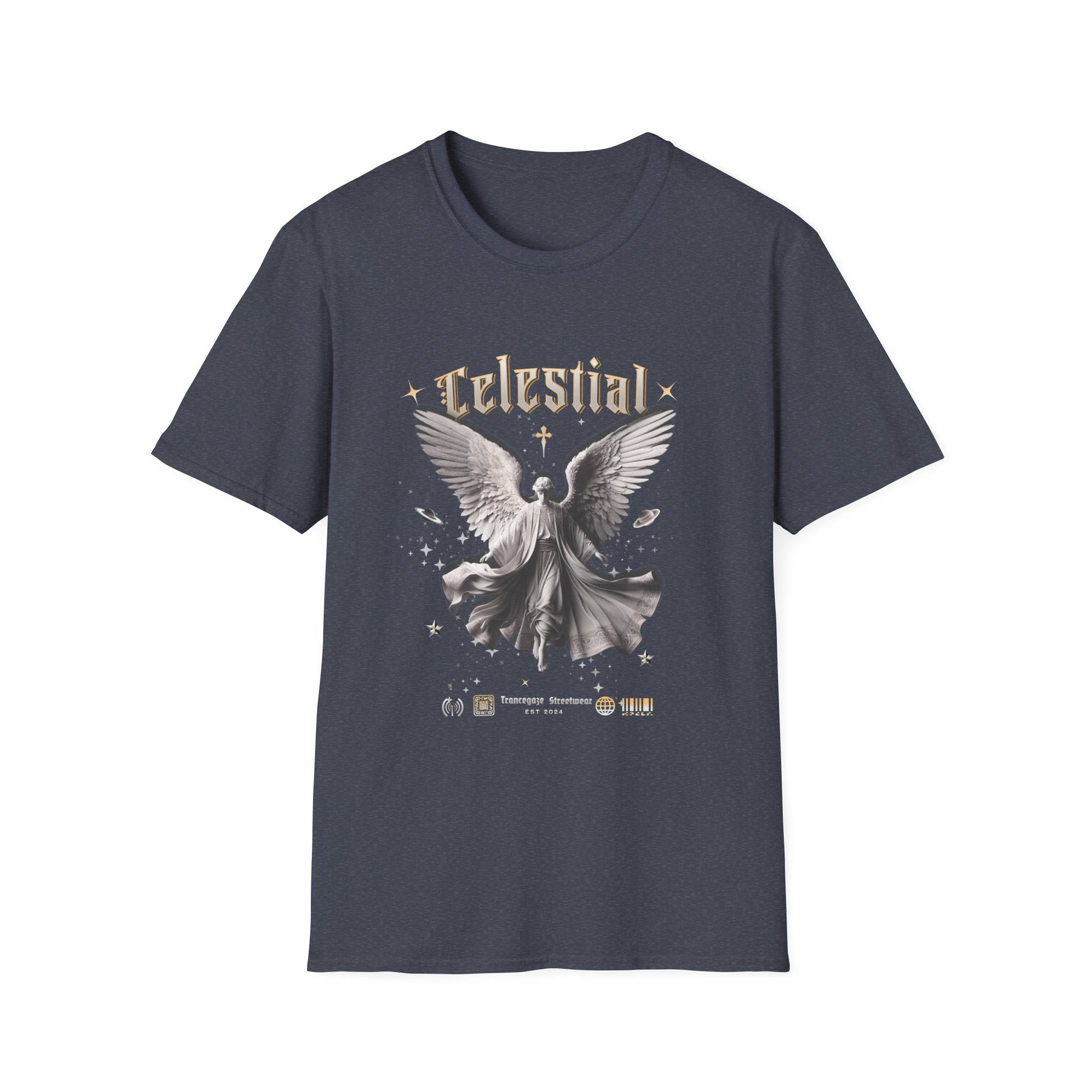 heather Navy t-shirt with angel graphic and 'Celestial' text on a white background