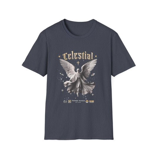 heather Navy t-shirt with angel graphic and 'Celestial' text on a white background