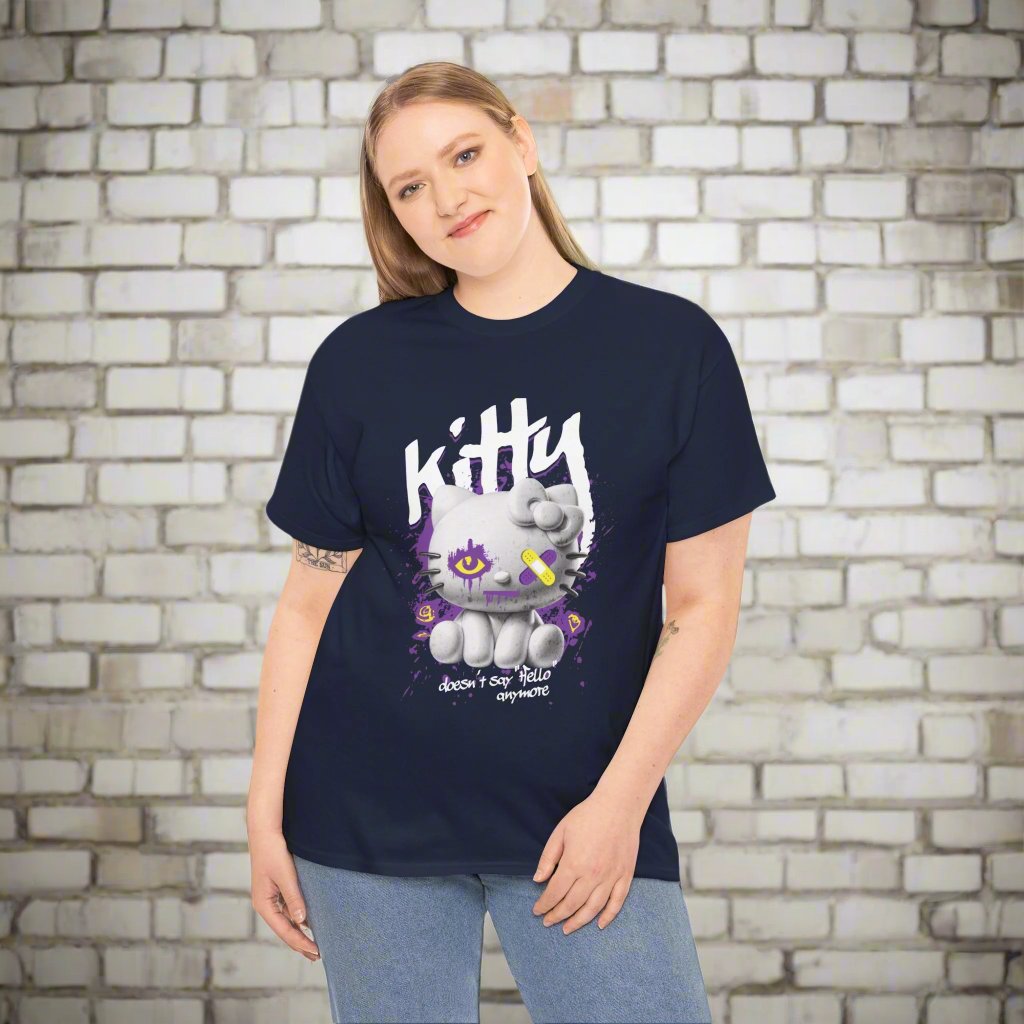 navy colored t shirt with a cartoon cat