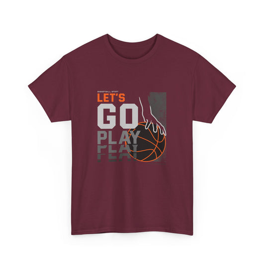 A maroon t-shirt with the text 'Let's Go Play' and an illustration of a basketball in the center. The t-shirt is round-necked.