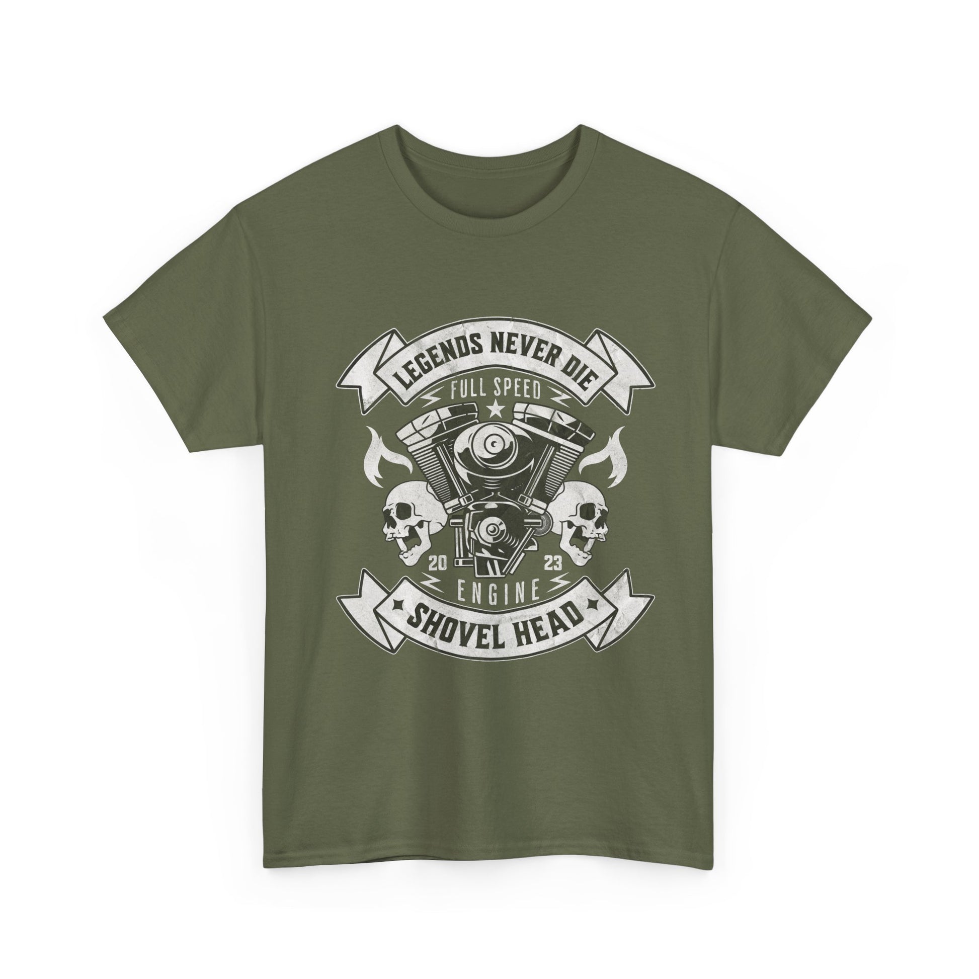 This military green t-shirt has a graphic design that captures the vintage aesthetic of a classic motorcycle Shovelhead engine with intricate details, including cylinders, pistons, and connecting rods.