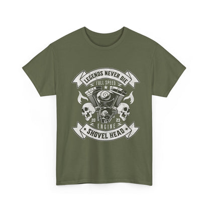 This military green t-shirt has a graphic design that captures the vintage aesthetic of a classic motorcycle Shovelhead engine with intricate details, including cylinders, pistons, and connecting rods.