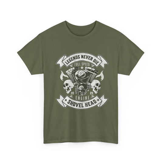 This military green t-shirt has a graphic design that captures the vintage aesthetic of a classic motorcycle Shovelhead engine with intricate details, including cylinders, pistons, and connecting rods.