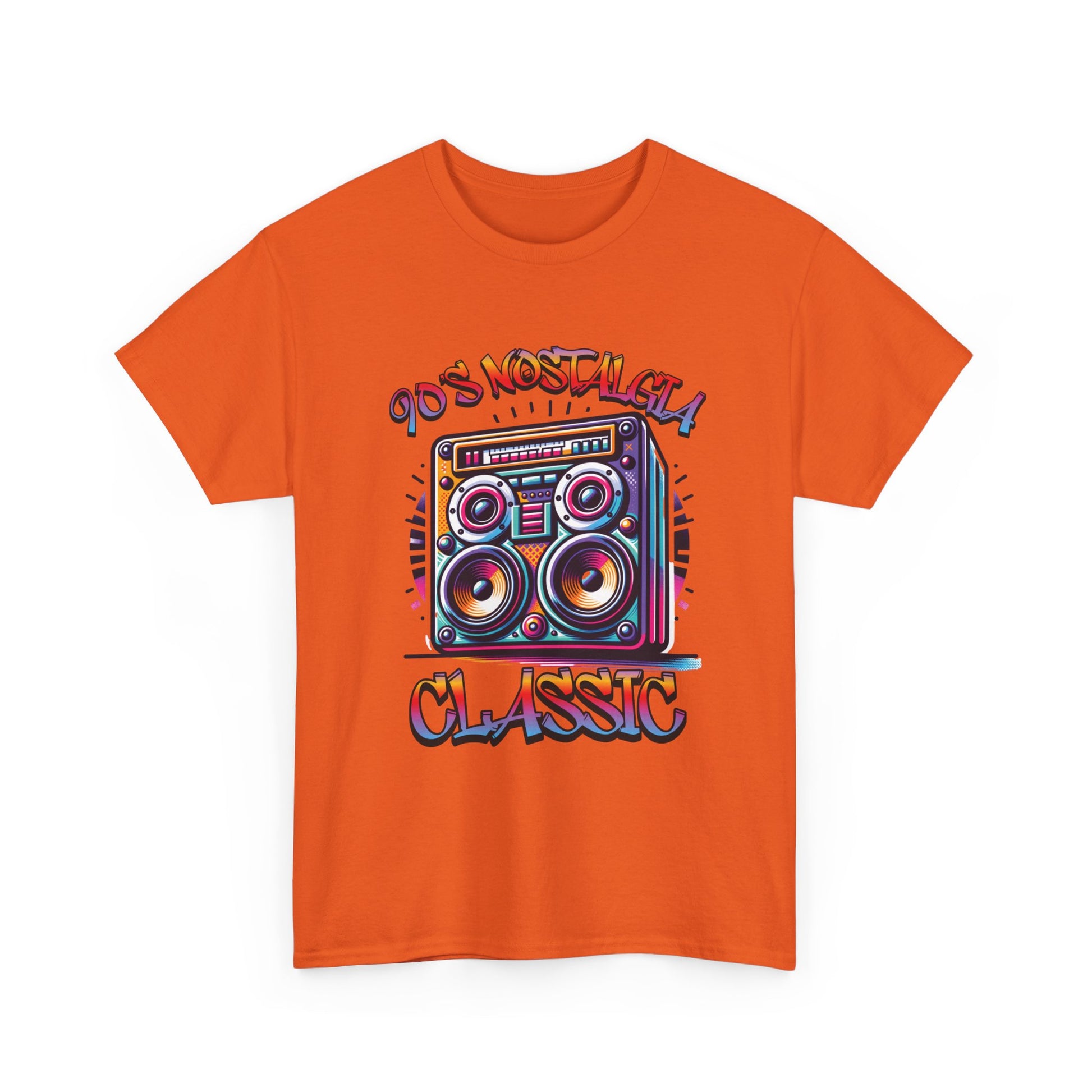 Image of a 90's Classic Boom box on a orange t-shirt.