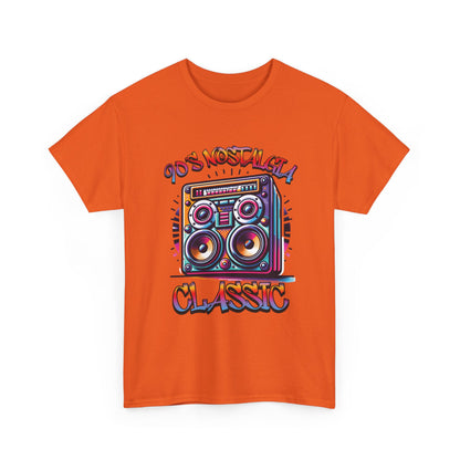 Image of a 90's Classic Boom box on a orange t-shirt.